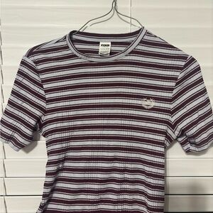 PINK Victoria's Secret Maroon and White Striped Tee